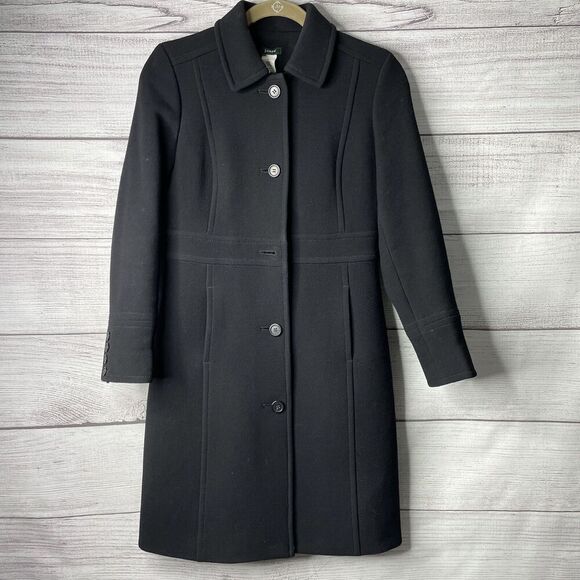 J. Crew Wool Blend Black 5 Button Coat women's size 2 PETITE FLAW - Picture 1 of 9